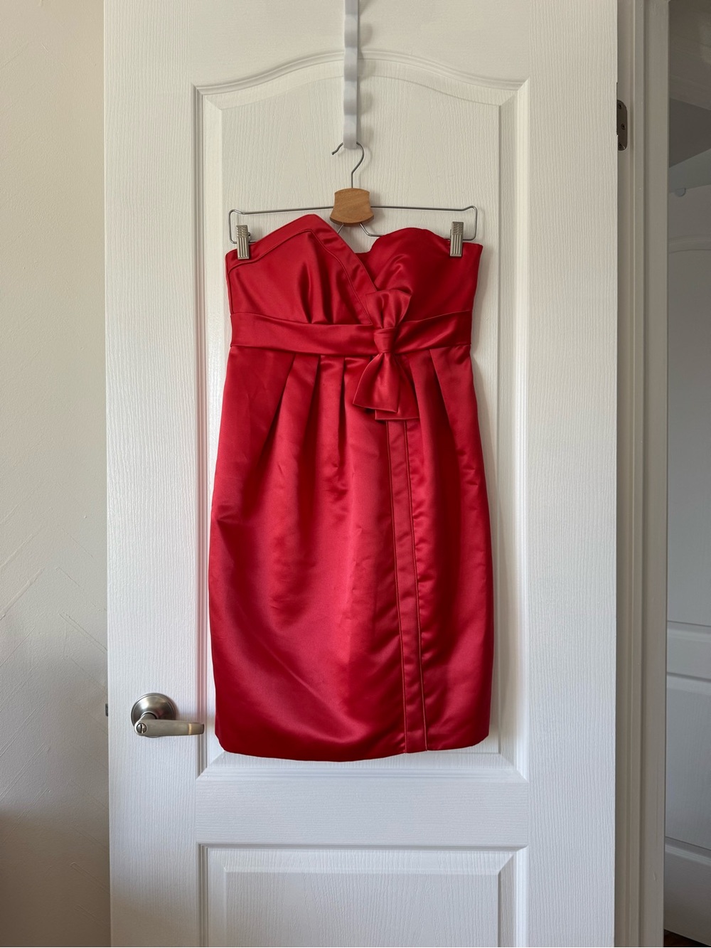 BCBG Strapless Satin Cocktail Dress with Waist Bow